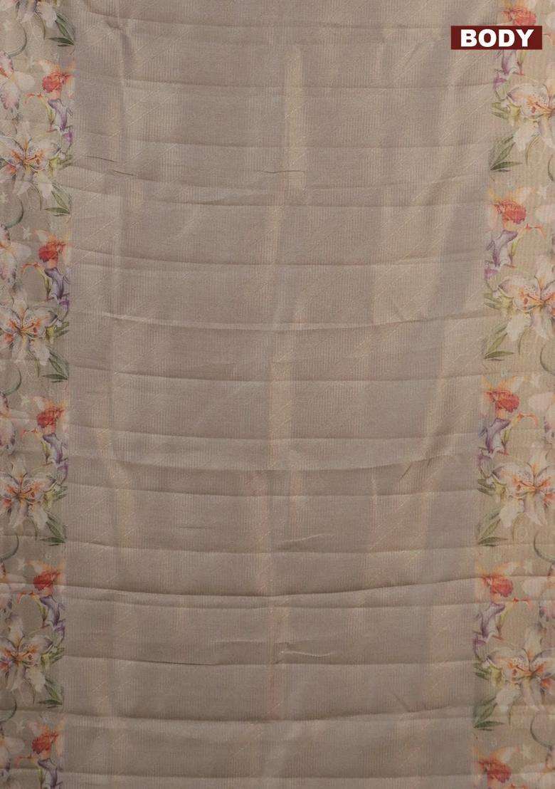 Tissue Saree Dark Beige With Allover Zari Weaves And Floral Digital Printed Border For Women - Indya