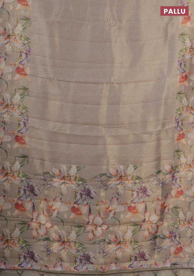 Tissue Saree Dark Beige With Allover Zari Weaves And Floral Digital Printed Border For Women - Indya
