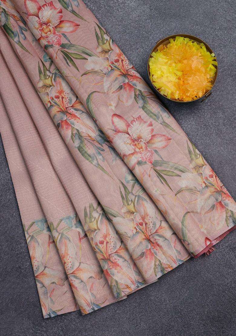 Tissue Saree Peach Orange With Allover Zari Weaves And Floral Digital Printed Border For Women - Indya