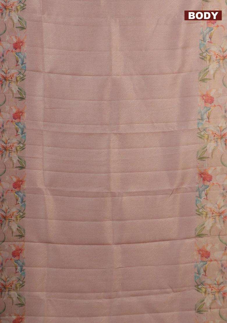Tissue Saree Peach Orange With Allover Zari Weaves And Floral Digital Printed Border For Women - Indya
