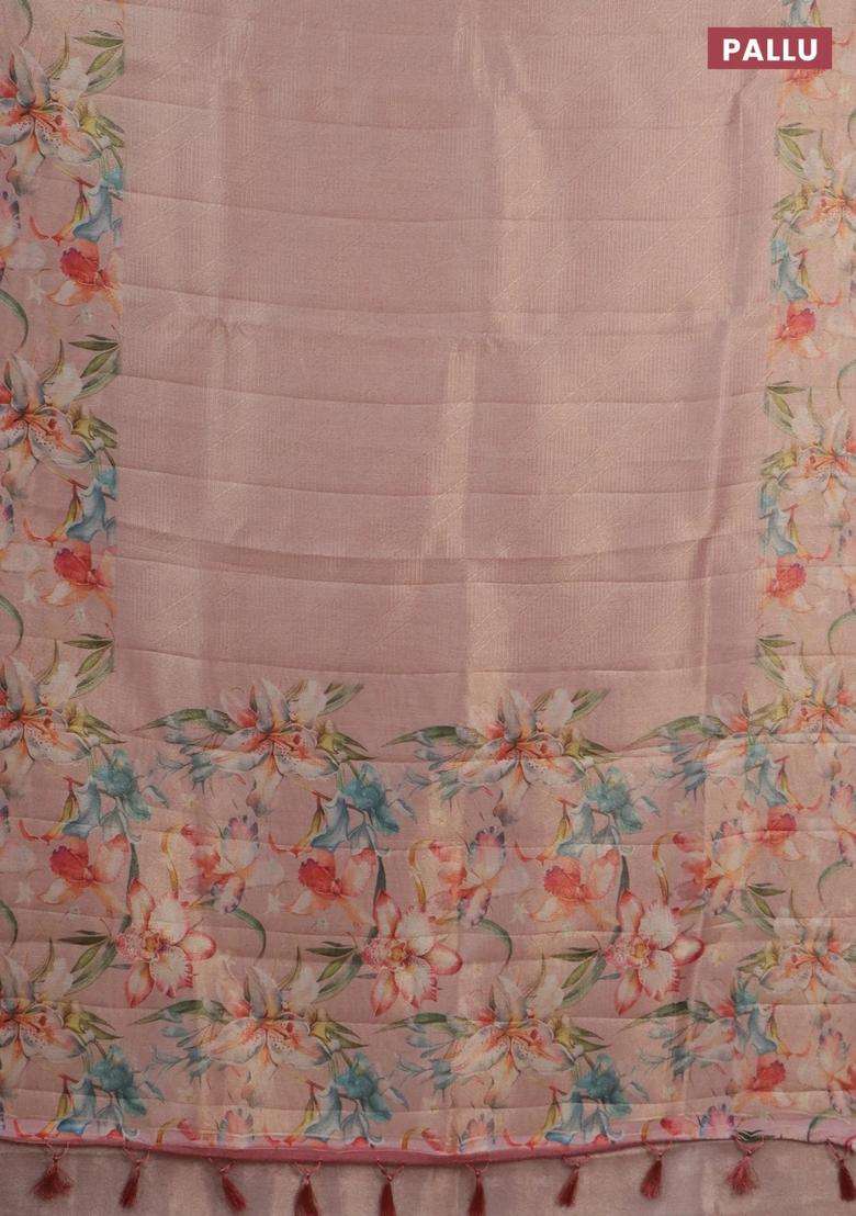 Tissue Saree Peach Orange With Allover Zari Weaves And Floral Digital Printed Border For Women - Indya