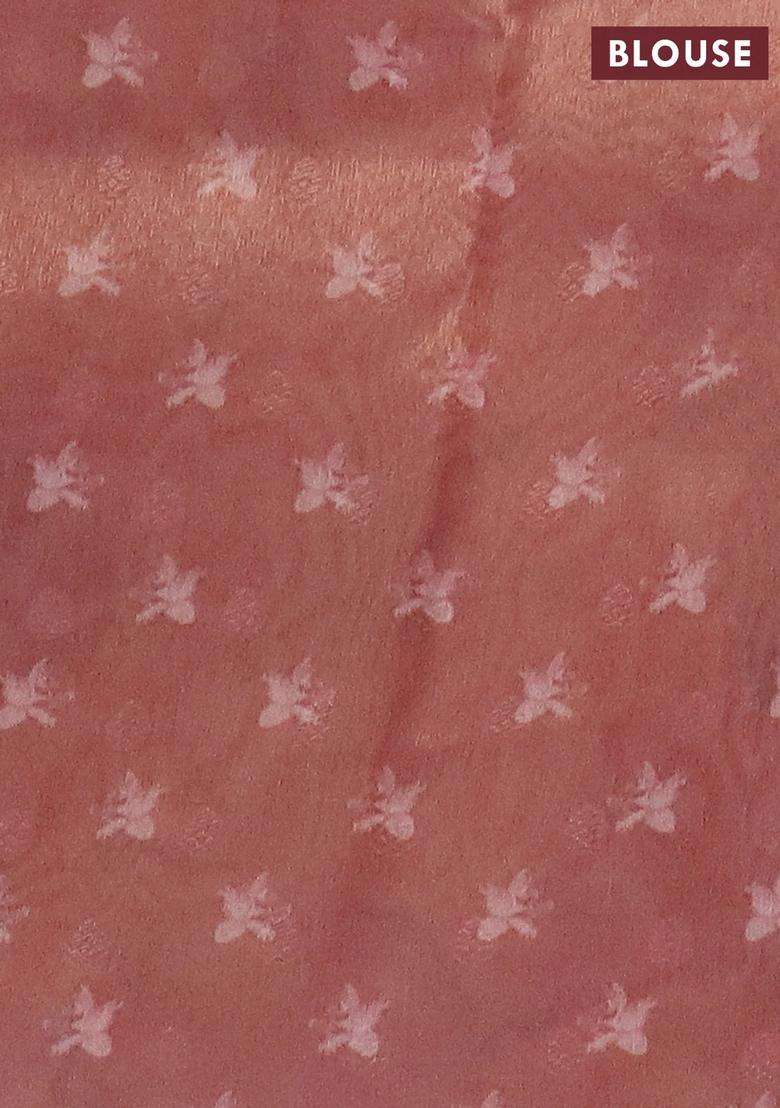 Tissue Saree Peach Orange With Allover Zari Weaves And Floral Digital Printed Border For Women - Indya