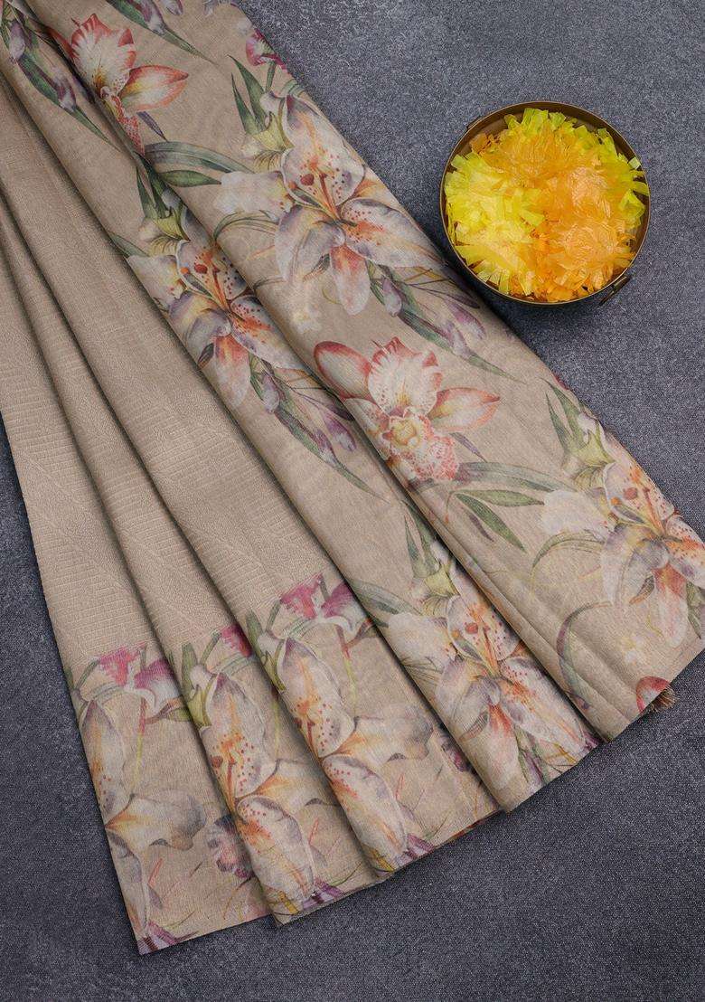 Tissue Saree Sandal With Allover Zari Weaves And Floral Digital Printed Border For Women - Indya
