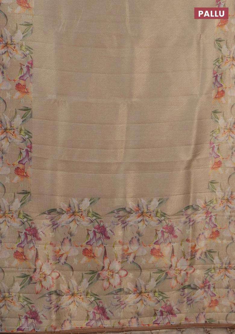 Tissue Saree Sandal With Allover Zari Weaves And Floral Digital Printed Border For Women - Indya
