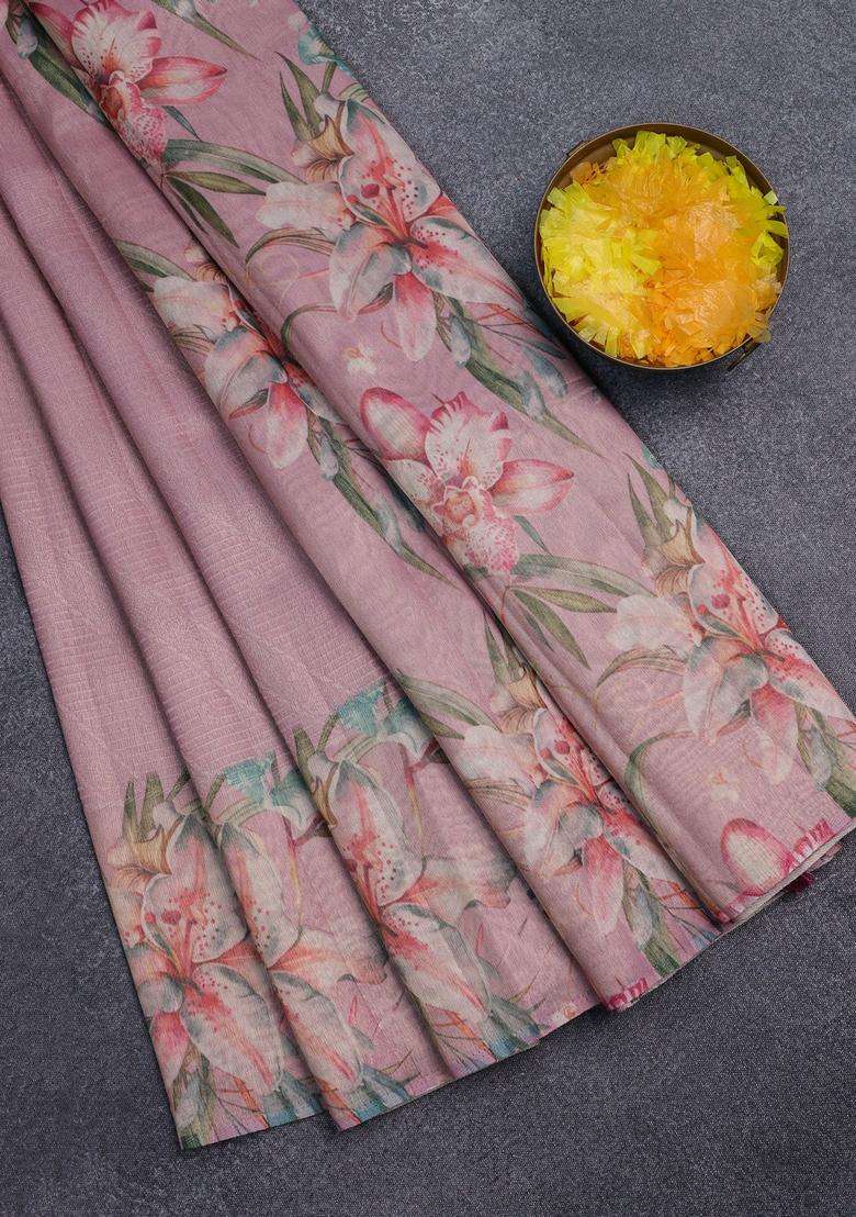 Tissue Saree Peach Pink With Allover Zari Weaves And Floral Digital Printed Border For Women - Indya