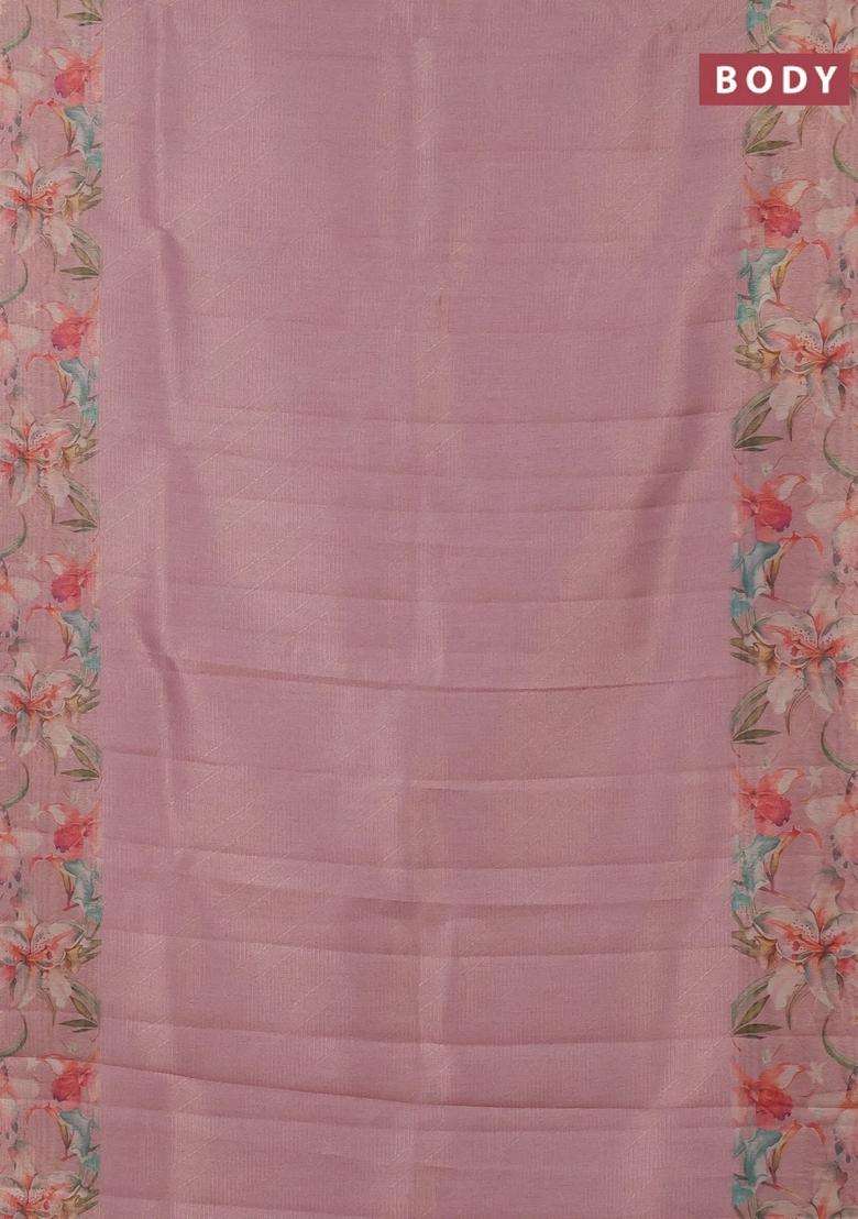 Tissue Saree Peach Pink With Allover Zari Weaves And Floral Digital Printed Border For Women - Indya