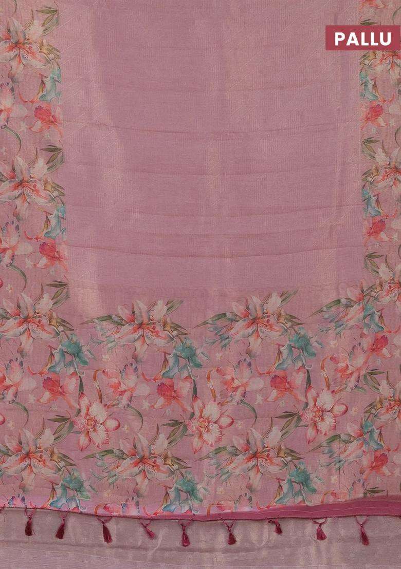 Tissue Saree Peach Pink With Allover Zari Weaves And Floral Digital Printed Border For Women - Indya