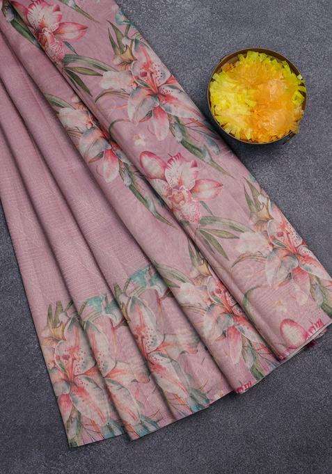 Tissue Saree Peach Pink With Allover Zari Weaves And Floral Digital Printed Border For Women