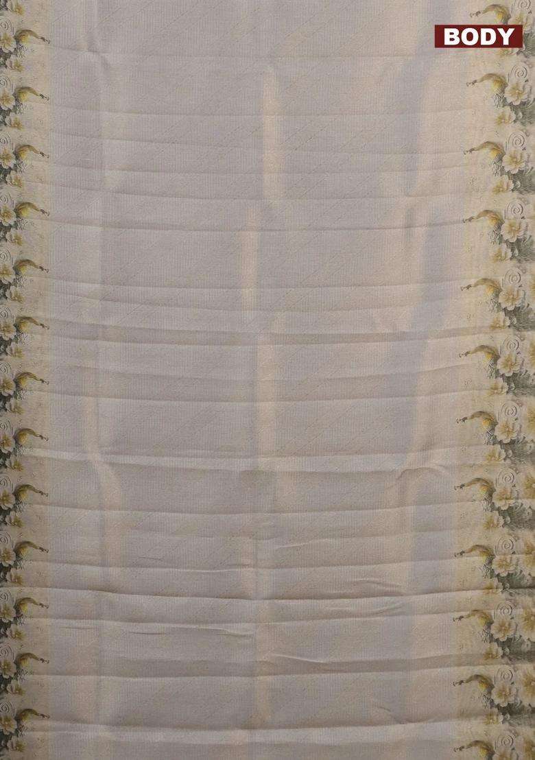 Tissue Saree Pastel Grey With Allover Zari Weaves And Floral Digital Printed Border For Women - Indya