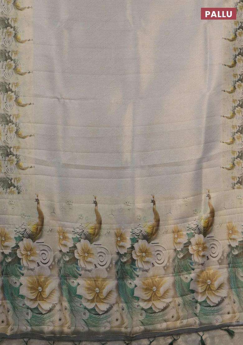 Tissue Saree Pastel Grey With Allover Zari Weaves And Floral Digital Printed Border For Women - Indya