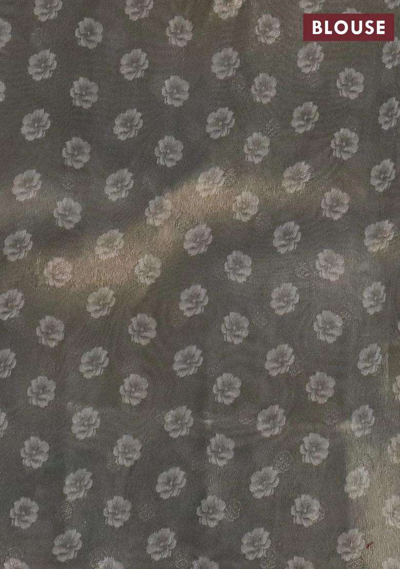 Tissue Saree Pastel Grey With Allover Zari Weaves And Floral Digital Printed Border For Women - Indya