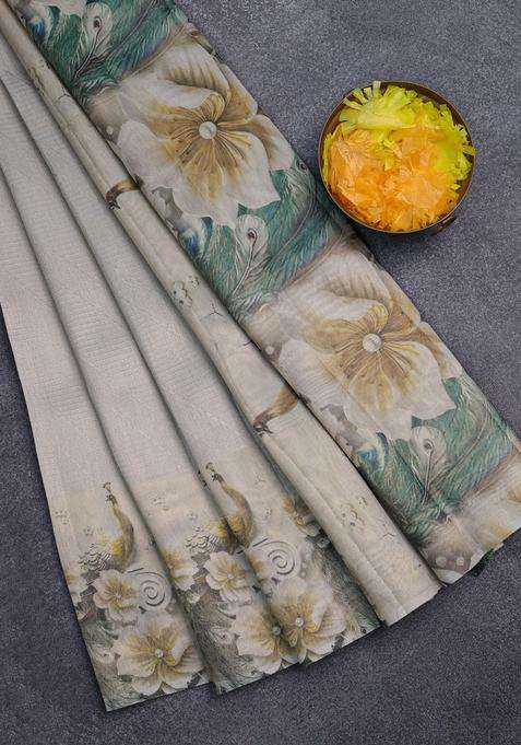 Tissue Saree Pastel Grey With Allover Zari Weaves And Floral Digital Printed Border For Women