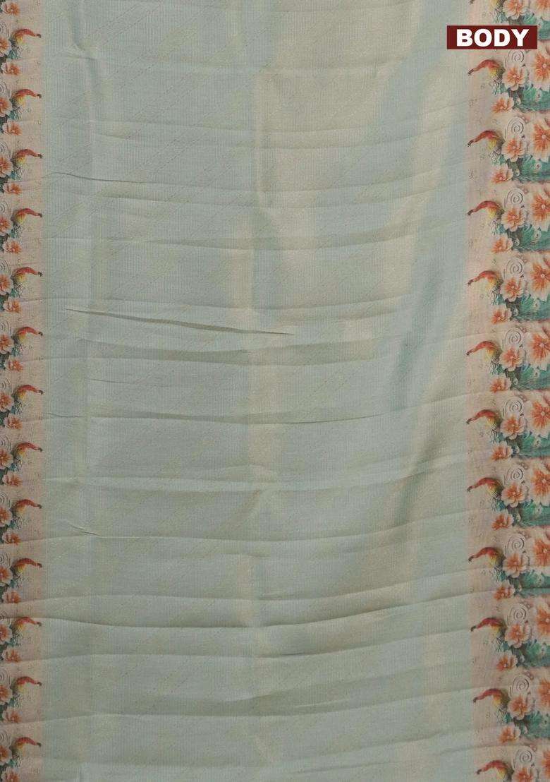 Tissue Saree Pastel Green With Allover Zari Weaves And Floral Digital Printed Border For Women - Indya