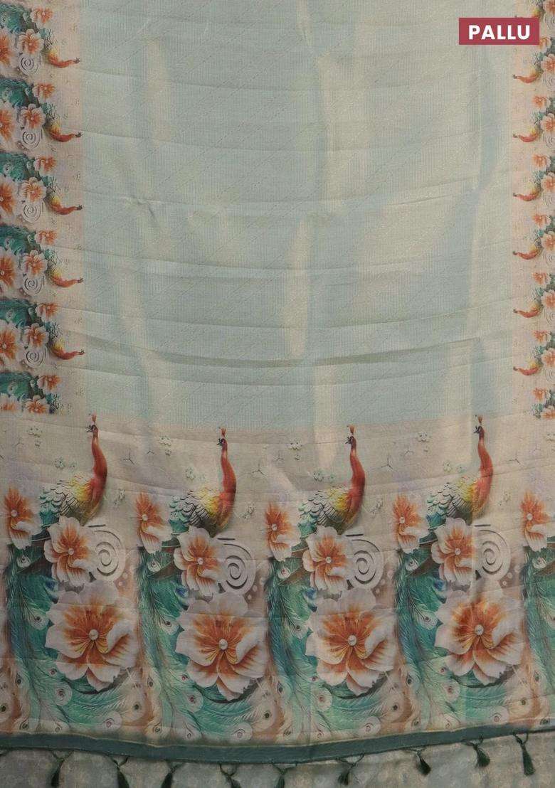 Tissue Saree Pastel Green With Allover Zari Weaves And Floral Digital Printed Border For Women - Indya
