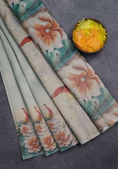 Tissue Saree Pastel Green With Allover Zari Weaves And Floral Digital Printed Border For Women