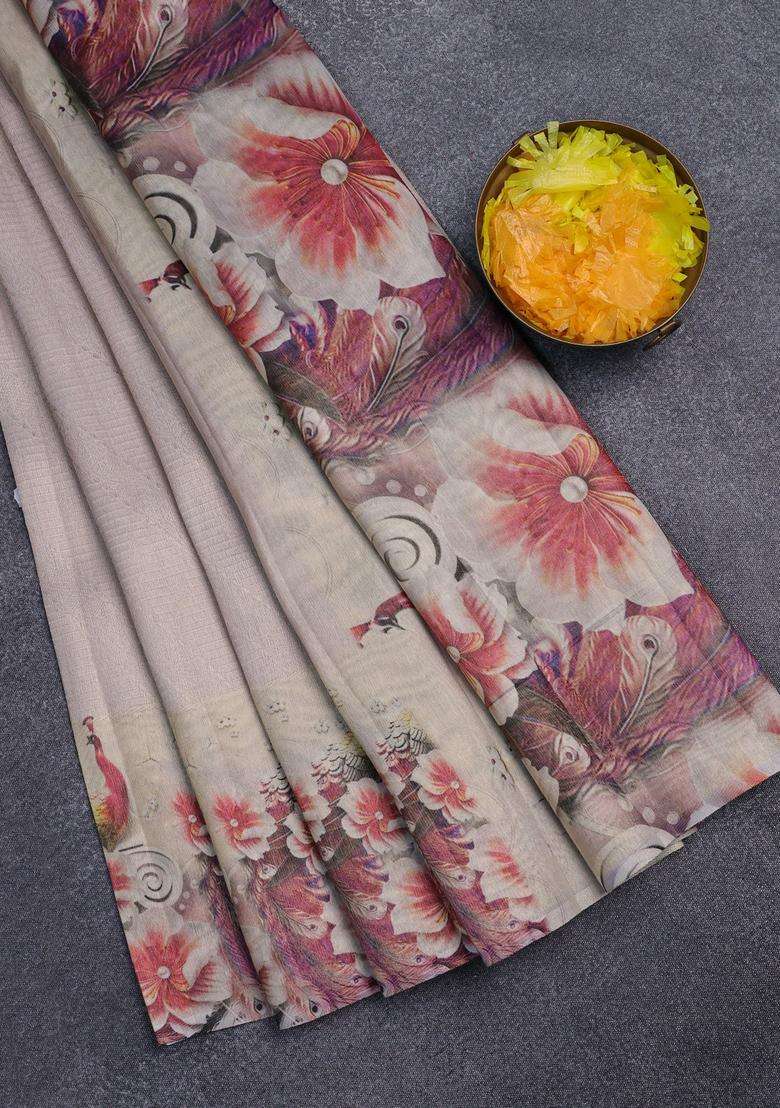 Tissue Saree Beige With Allover Zari Weaves And Floral Digital Printed Border For Women - Indya