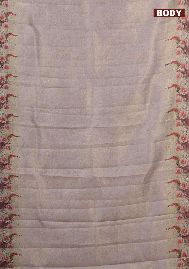 Tissue Saree Beige With Allover Zari Weaves And Floral Digital Printed Border For Women - Indya