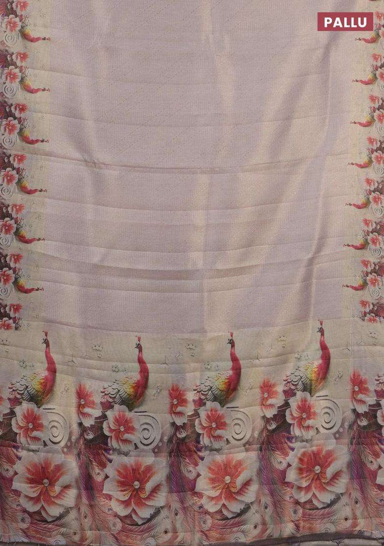 Tissue Saree Beige With Allover Zari Weaves And Floral Digital Printed Border For Women - Indya