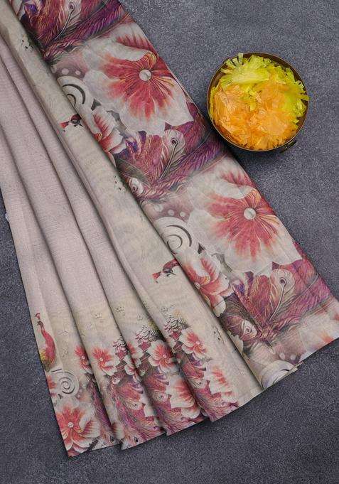 Tissue Saree Beige With Allover Zari Weaves And Floral Digital Printed Border For Women