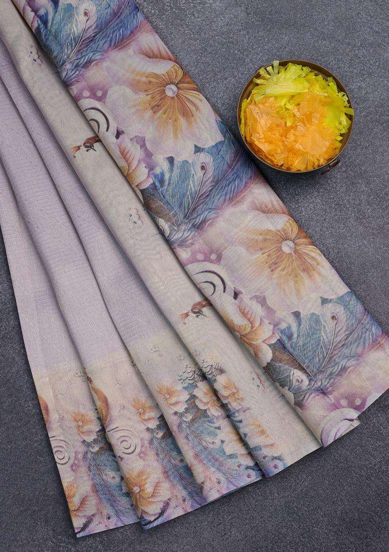 Tissue Saree Pastel Lavender With Allover Zari Weaves And Floral Digital Printed Border For Women - Indya