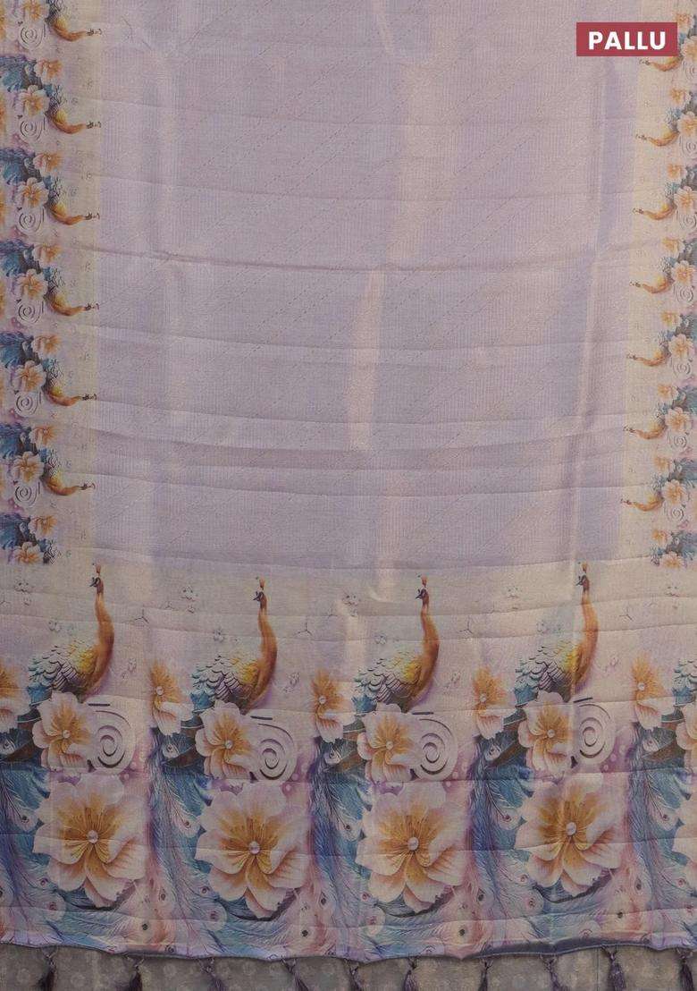 Tissue Saree Pastel Lavender With Allover Zari Weaves And Floral Digital Printed Border For Women - Indya