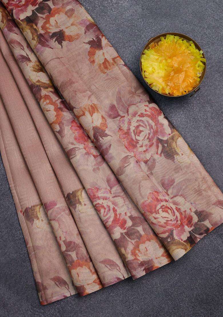 Tissue Saree Pastel Peach With Allover Zari Weaves And Floral Digital Printed Border For Women - Indya