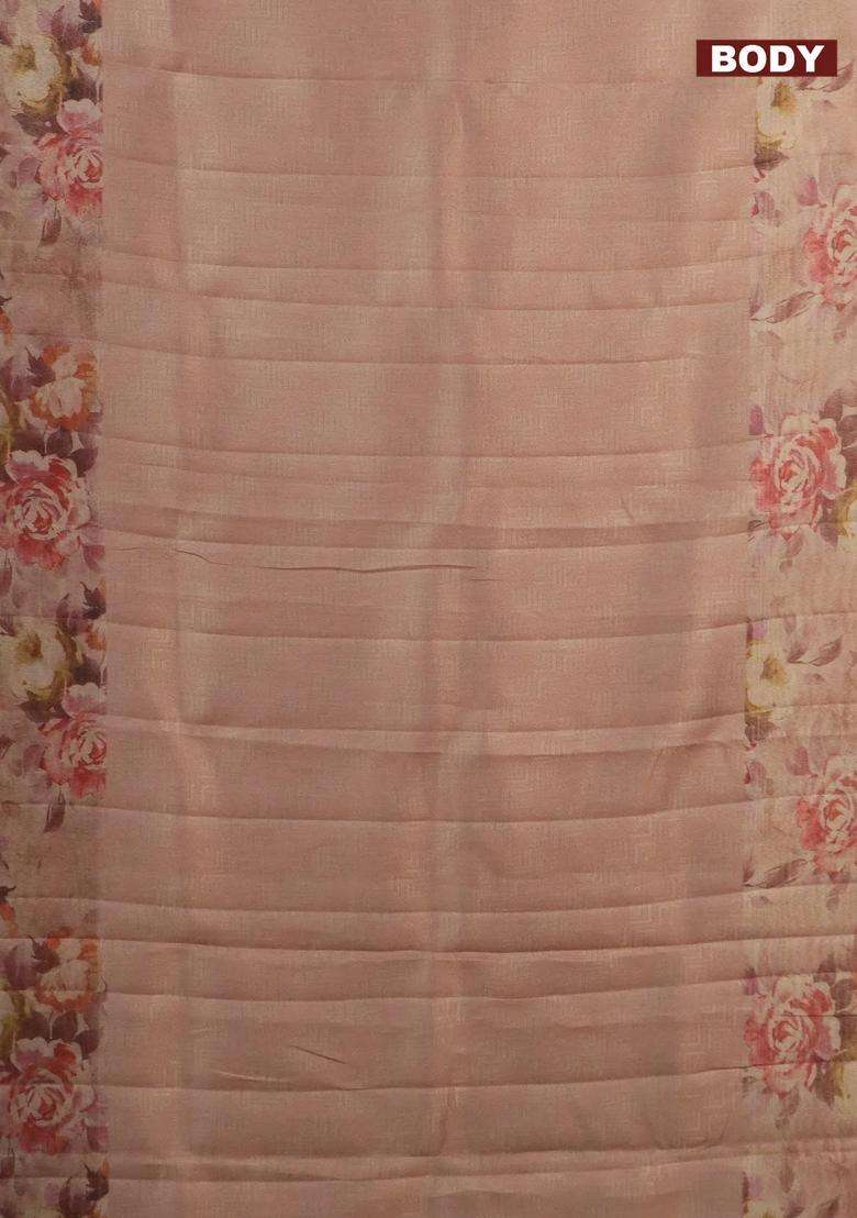 Tissue Saree Pastel Peach With Allover Zari Weaves And Floral Digital Printed Border For Women - Indya