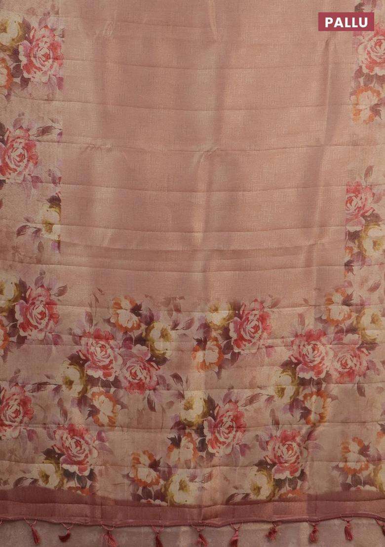 Tissue Saree Pastel Peach With Allover Zari Weaves And Floral Digital Printed Border For Women - Indya
