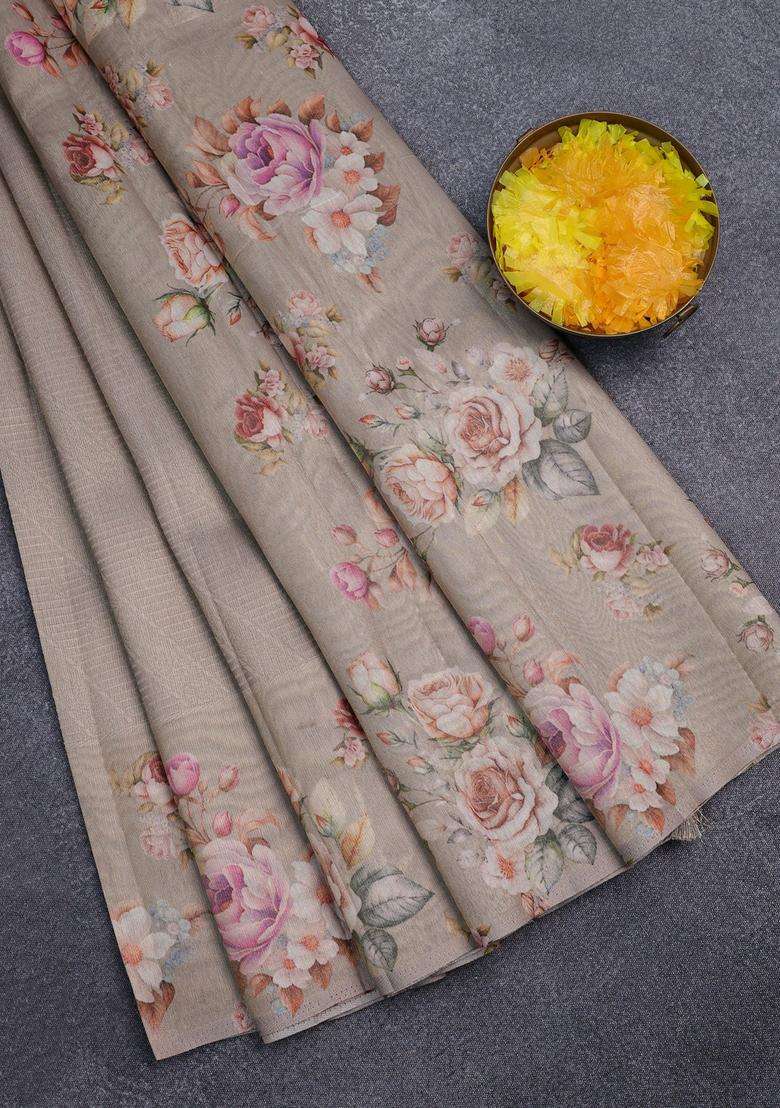 Tissue Saree Beige With Allover Zari Weaves And Floral Digital Printed Border For Women - Indya