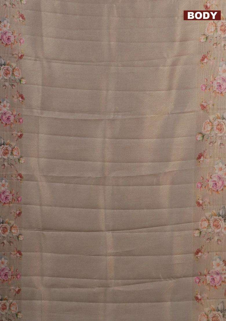 Tissue Saree Beige With Allover Zari Weaves And Floral Digital Printed Border For Women - Indya