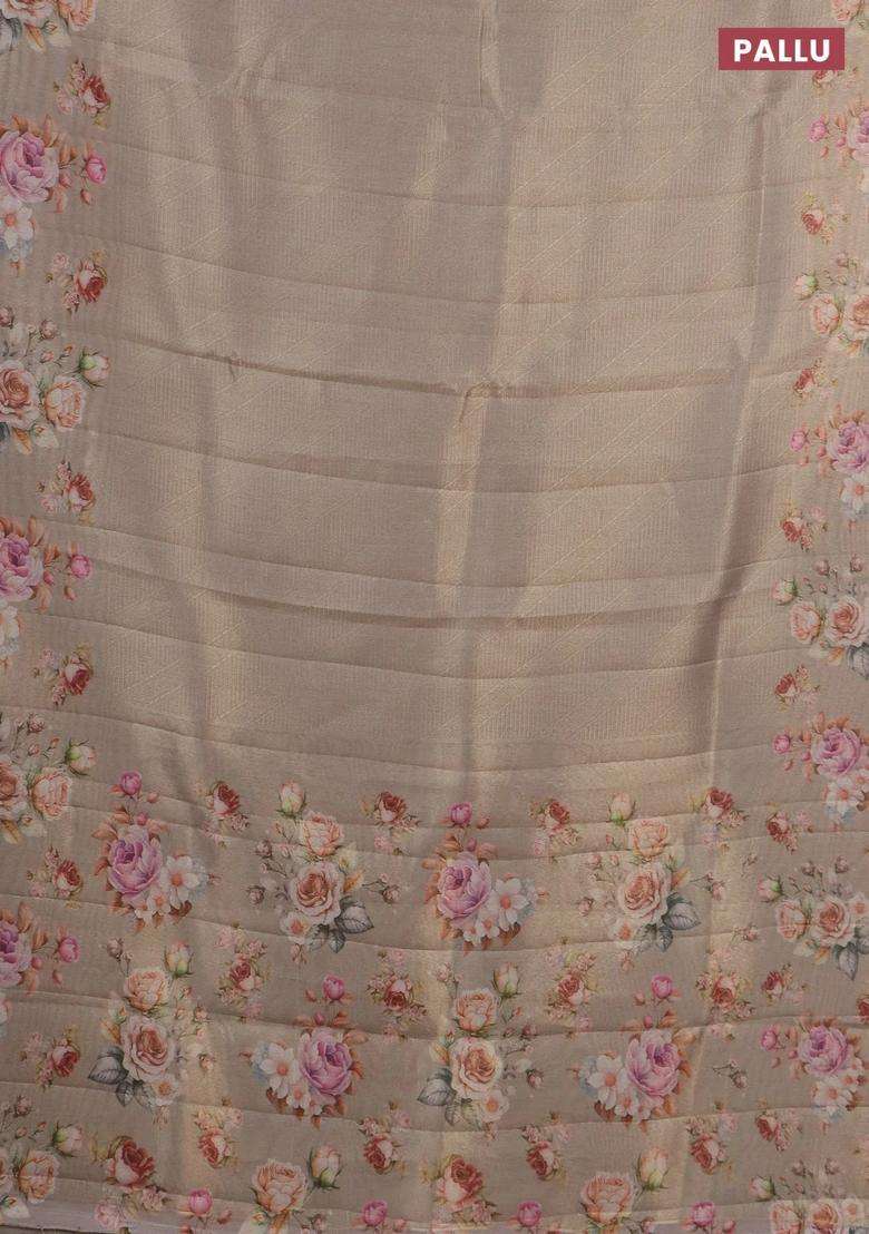 Tissue Saree Beige With Allover Zari Weaves And Floral Digital Printed Border For Women - Indya