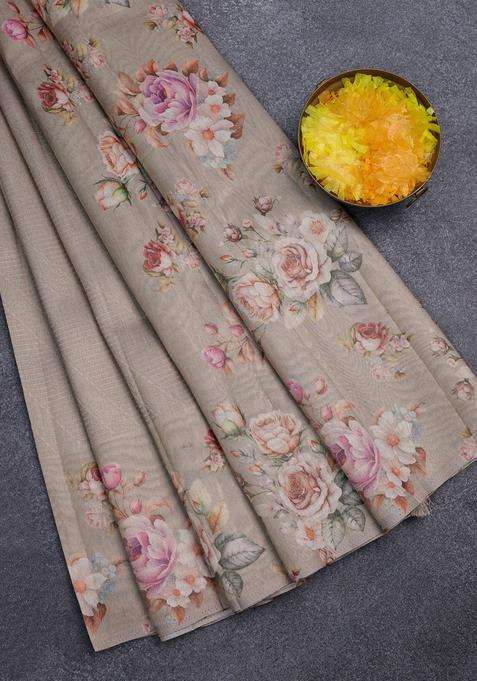 Tissue Saree Beige With Allover Zari Weaves And Floral Digital Printed Border For Women