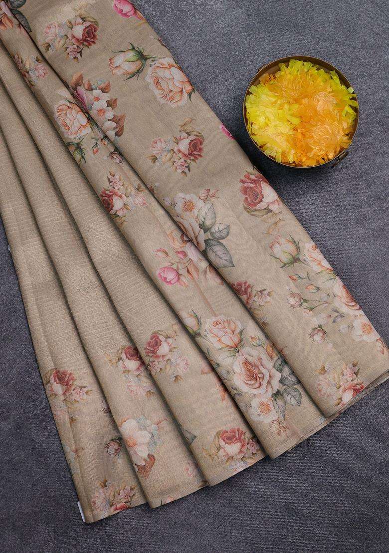 Tissue Saree Sandal With Allover Zari Weaves And Floral Digital Printed Border For Women - Indya
