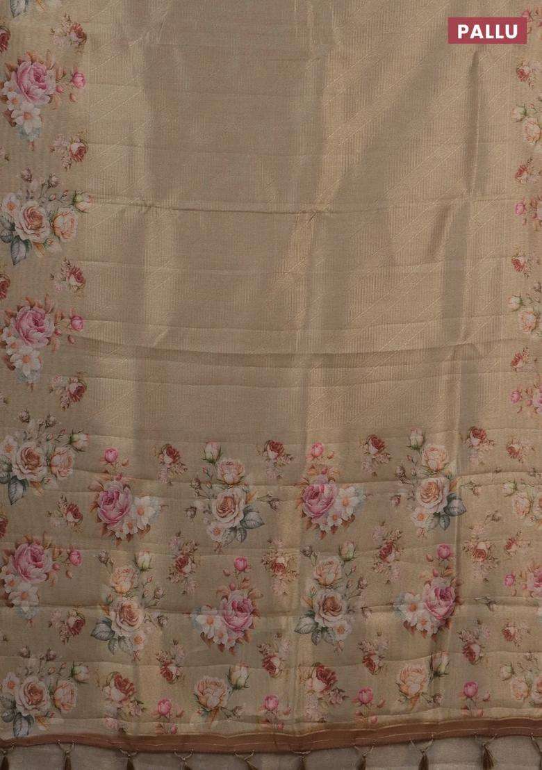 Tissue Saree Sandal With Allover Zari Weaves And Floral Digital Printed Border For Women - Indya