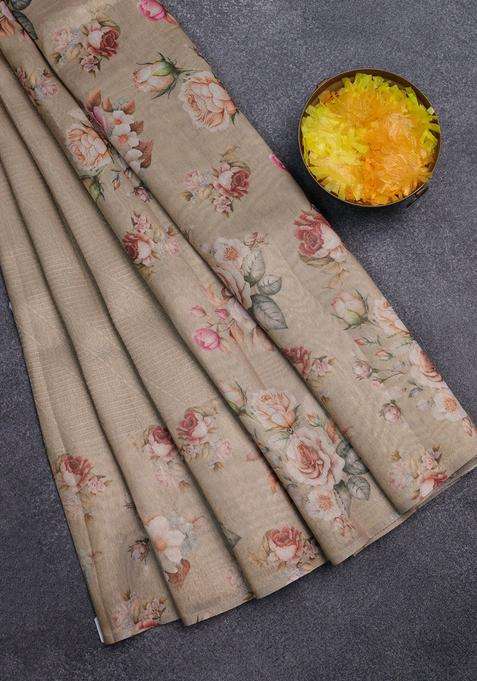 Tissue Saree Sandal With Allover Zari Weaves And Floral Digital Printed Border For Women