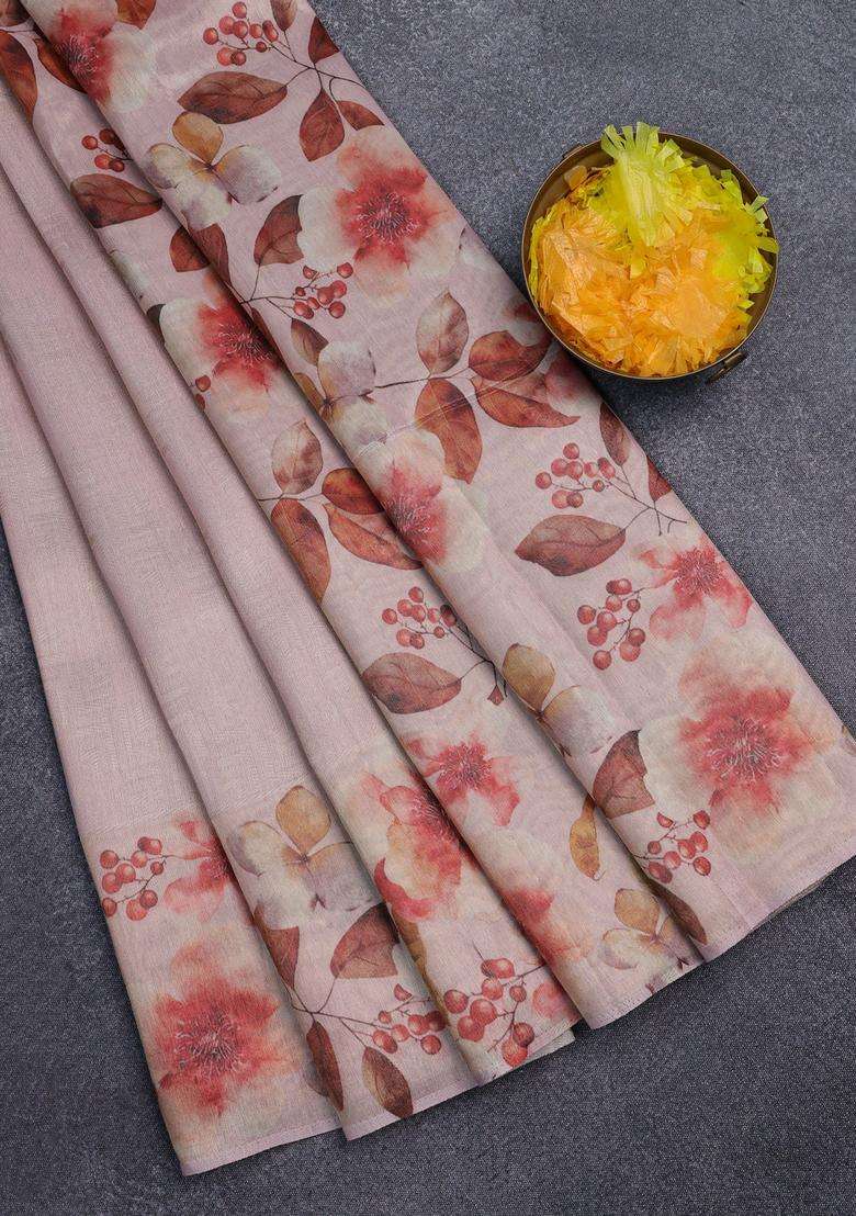 Tissue Saree Mild Peach With Allover Zari Weaves And Floral Digital Printed Border For Women - Indya