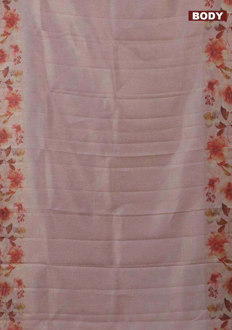 Tissue Saree Mild Peach With Allover Zari Weaves And Floral Digital Printed Border For Women - Indya