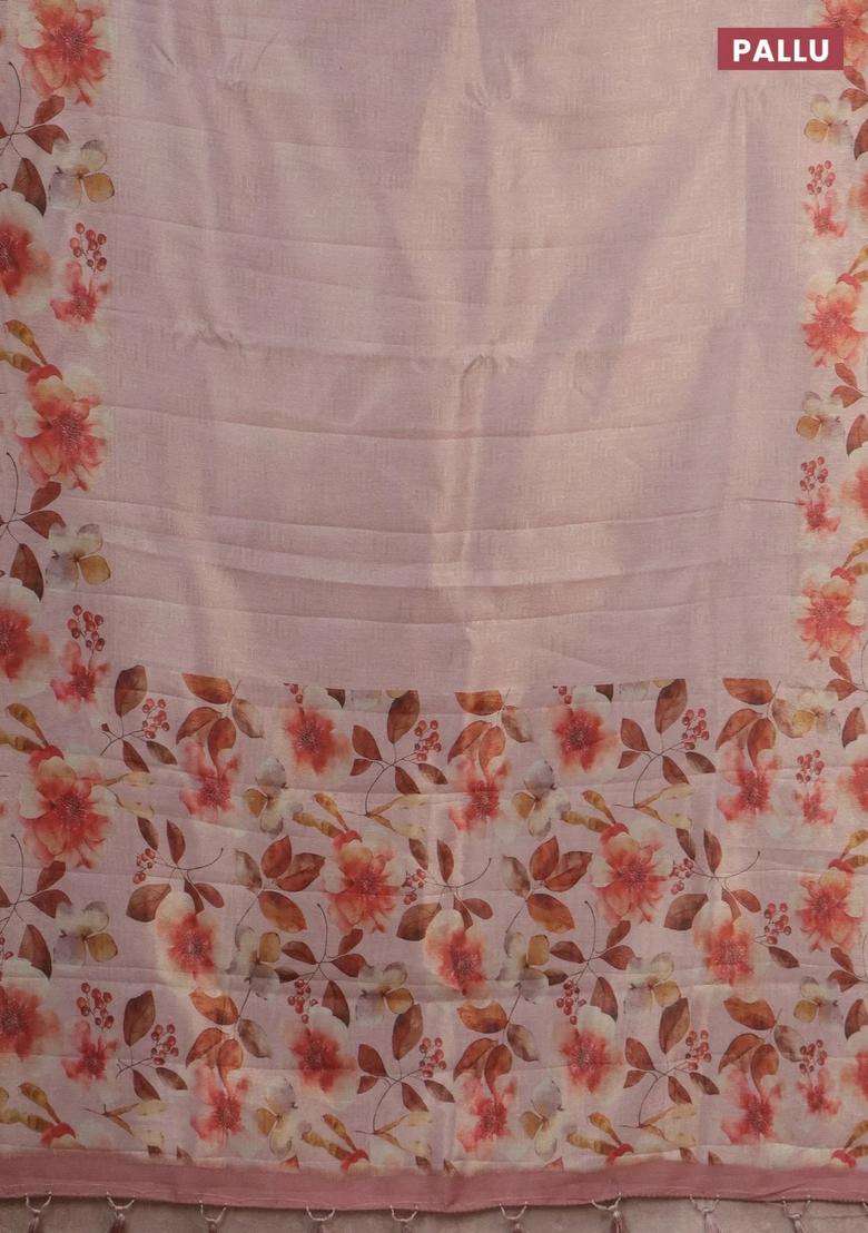 Tissue Saree Mild Peach With Allover Zari Weaves And Floral Digital Printed Border For Women - Indya