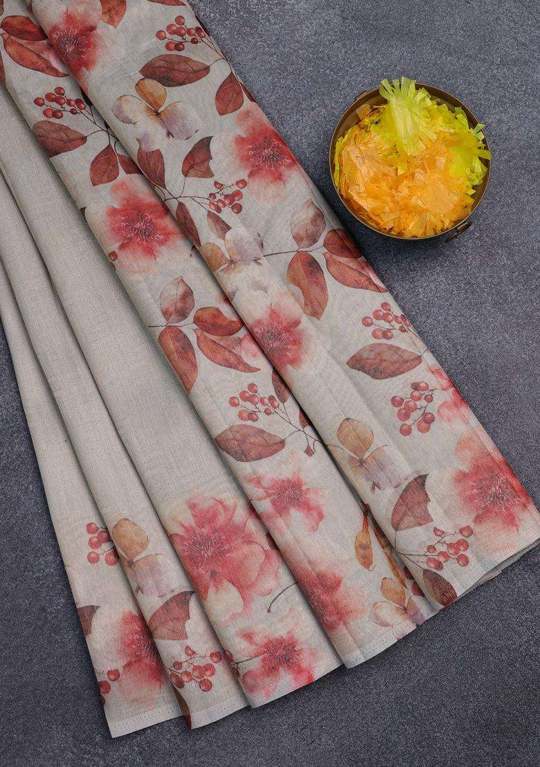 Tissue Saree Beige And Pastel Grey With Allover Zari Weaves And Floral Digital Printed Border For Women - Indya