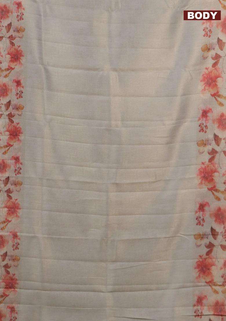 Tissue Saree Beige And Pastel Grey With Allover Zari Weaves And Floral Digital Printed Border For Women - Indya