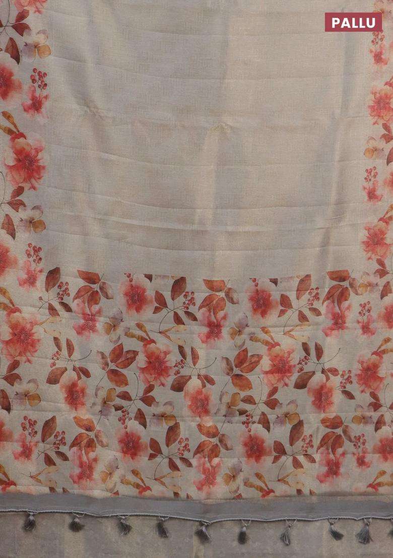 Tissue Saree Beige And Pastel Grey With Allover Zari Weaves And Floral Digital Printed Border For Women - Indya