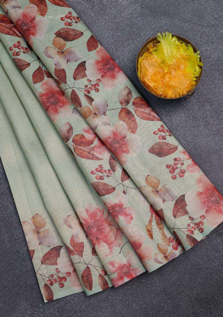 Tissue Saree Pista Green With Allover Zari Weaves And Floral Digital Printed Border For Women - Indya