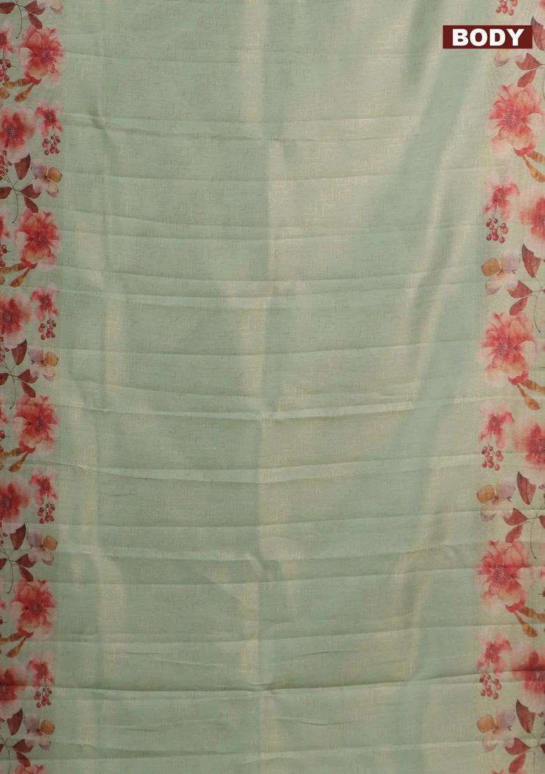 Tissue Saree Pista Green With Allover Zari Weaves And Floral Digital Printed Border For Women - Indya