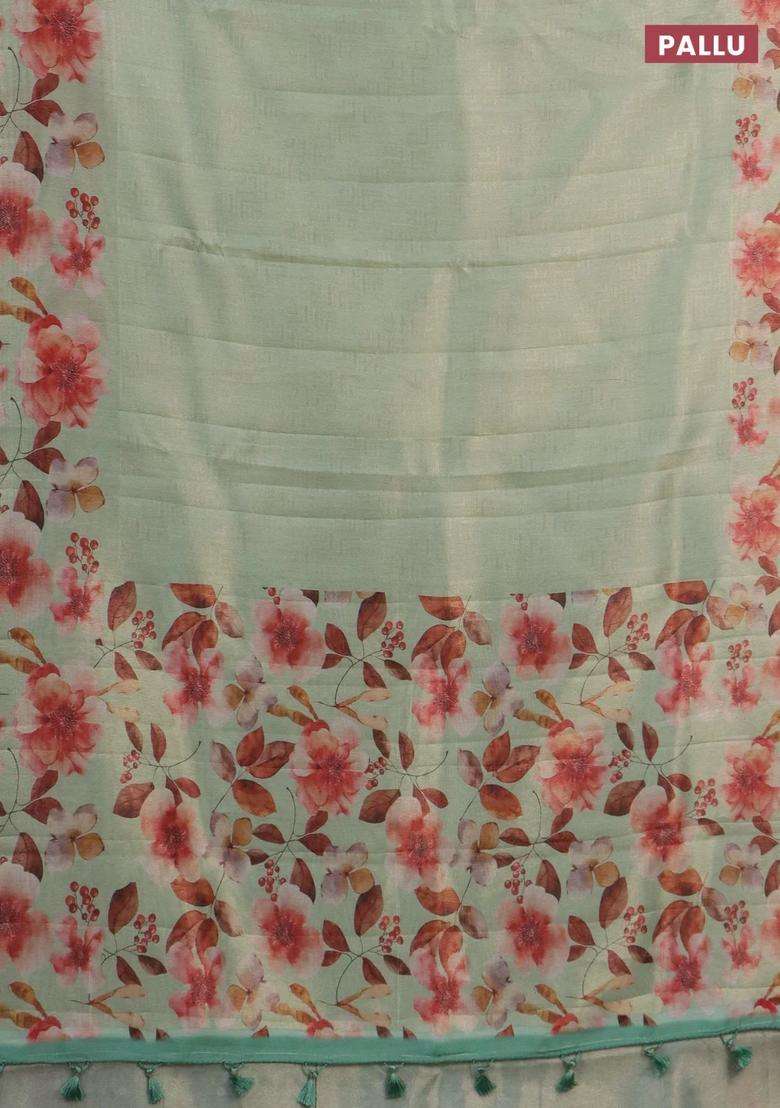 Tissue Saree Pista Green With Allover Zari Weaves And Floral Digital Printed Border For Women - Indya