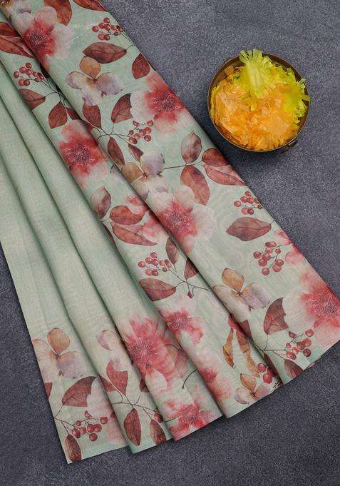 Tissue Saree Pista Green With Allover Zari Weaves And Floral Digital Printed Border For Women