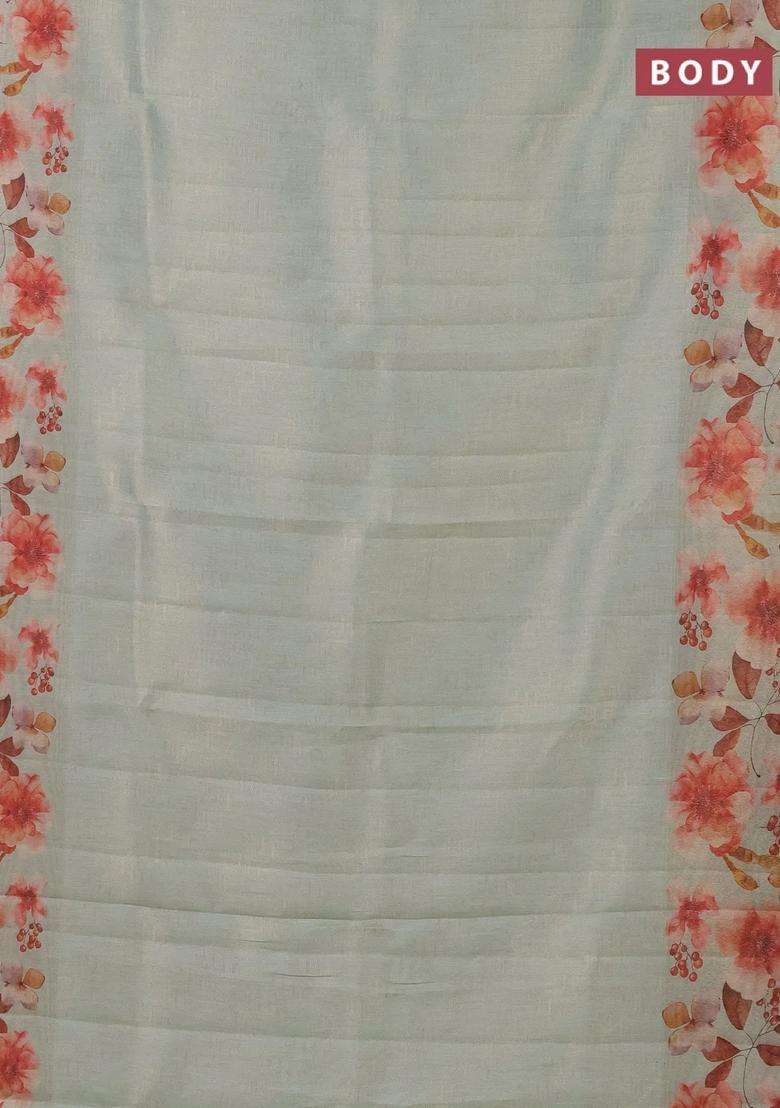 Tissue Saree Pastel Green With Allover Zari Weaves And Floral Digital Printed Border For Women - Indya