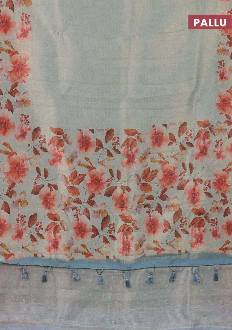 Tissue Saree Pastel Green With Allover Zari Weaves And Floral Digital Printed Border For Women - Indya