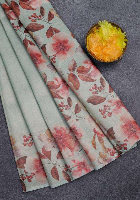 Tissue Saree Pastel Green With Allover Zari Weaves And Floral Digital Printed Border For Women