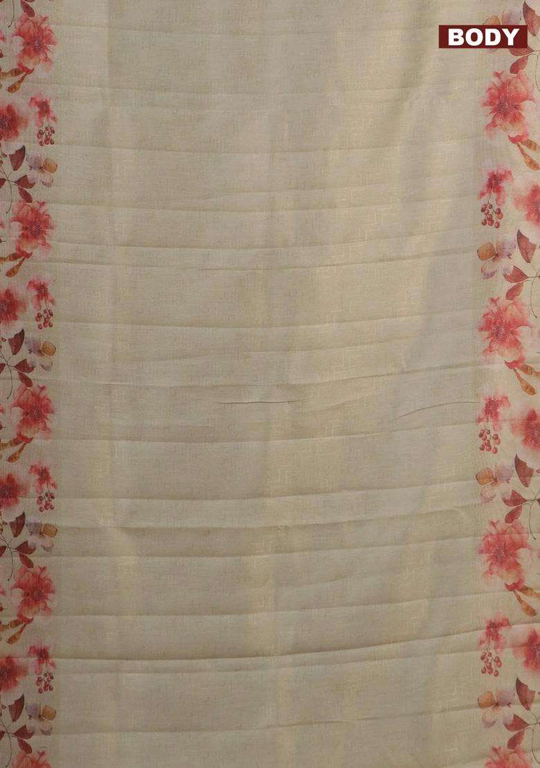 Tissue Saree Cream With Allover Zari Weaves And Floral Digital Printed Border For Women - Indya