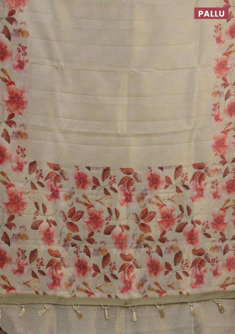 Tissue Saree Cream With Allover Zari Weaves And Floral Digital Printed Border For Women - Indya